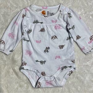 CARHARTT Infant Girls Farm-Print Long Sleeve Onesie White/Pink 3-Month Western